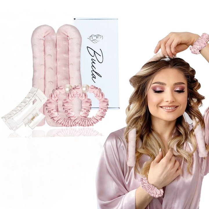 Set Ondulator de par fara Caldura pentru bucle naturale Salestore.ro®, din tesatura de calitate, 2 elastice, Clesti par, Roz