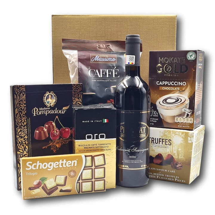 Pachet cadou CADOURI PREMIUM, model Assorted Gift care contine vin rosu, cafea si multe specialitati de ciocolata