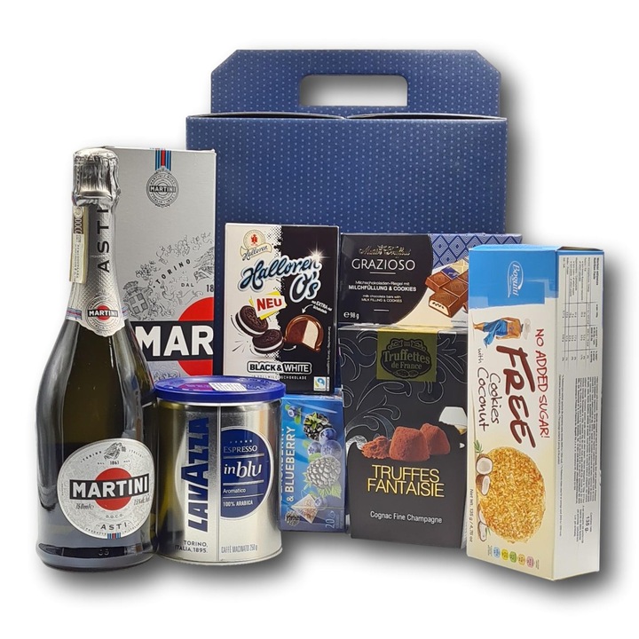 Pachet cadou asortat, CADOURI PREMIUM, model Martini Delight, care contine spumant italian Martini Asti, o cutie mare de cafea premium Lavazza si alte surprize apetisante