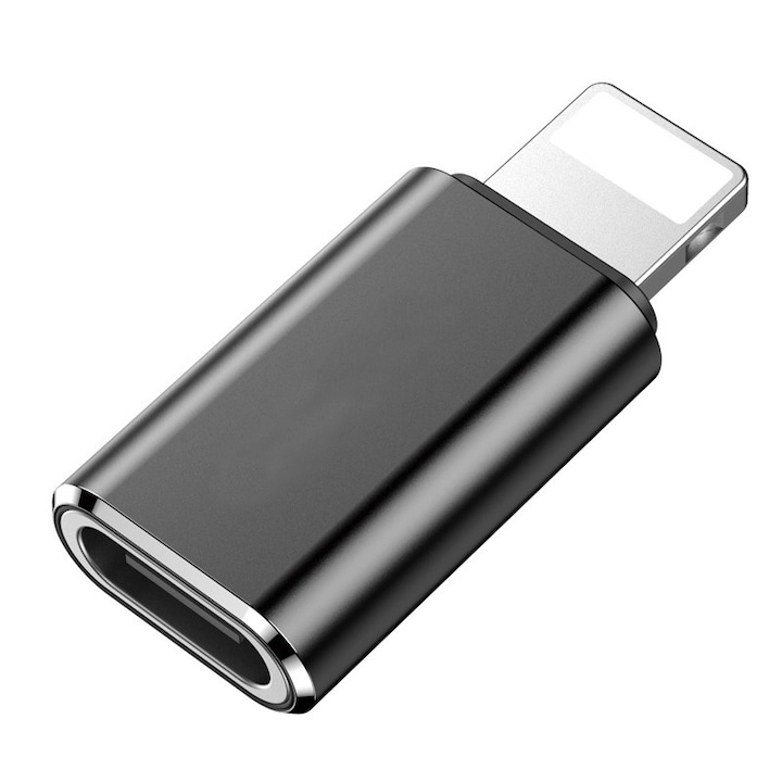 Adaptor cu mufa de tip Lightning la USB Type-C, 2.4A, Carcasa din aluminiu, Negru