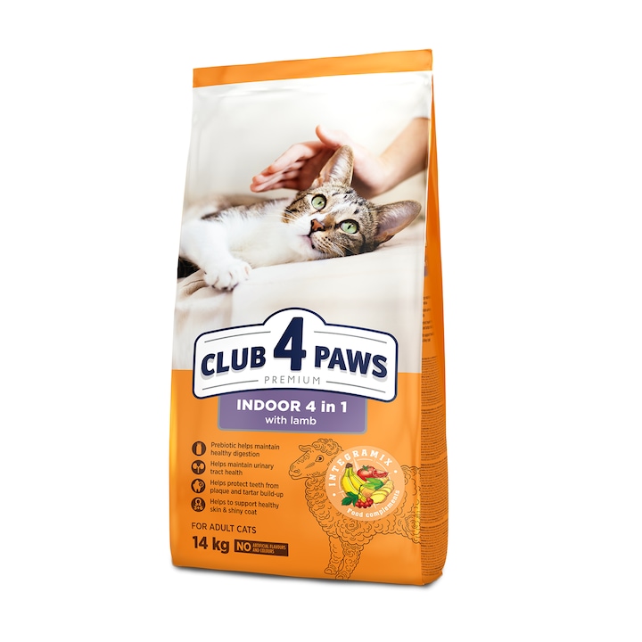 Пълноценна суха храна за котки Club 4Paws Premium Indoor, С агнешко, 14 кг