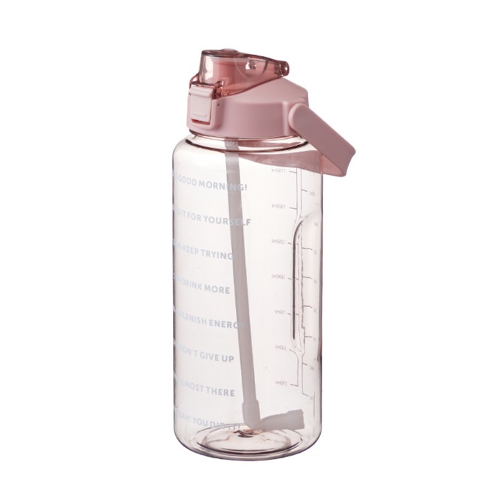 Бутилка за вода, NOTWAIT, 2L, С маркер за време, Розова
