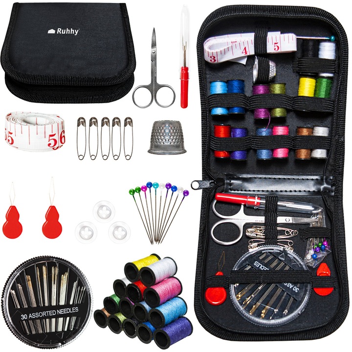 Set pentru cusut ISP "Likesmart 0485", 14 papiote de ata colorate, 30 de ace de diverse marimi, degetar, foarfeca, 70 articole total, Negru