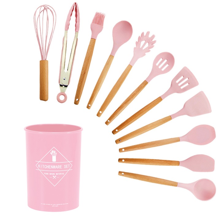 Set 12 ustensile de gatit din silicon, EZGETOP®, maner rezistent din lemn, Roz