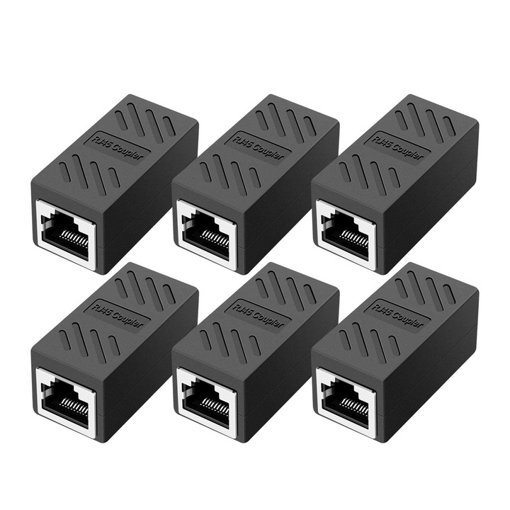 Комплект от 6 удължителни гнезда за мрежов кабел RJ45, JENUOS®, Ethernet съединител, вграден съединител за кабел Cat7/Cat6/Cat5e/Cat5, черен