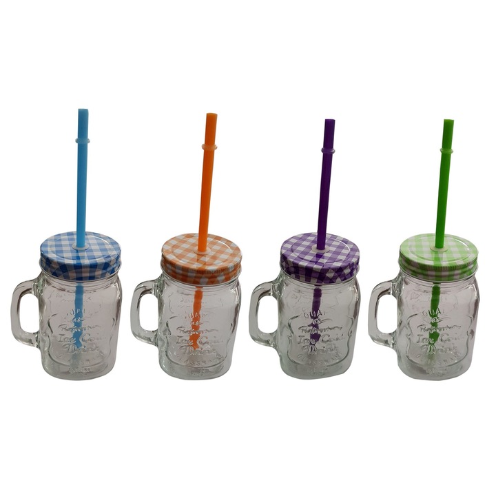 Set 4 cani 450ml cu capac si paie pentru limonada