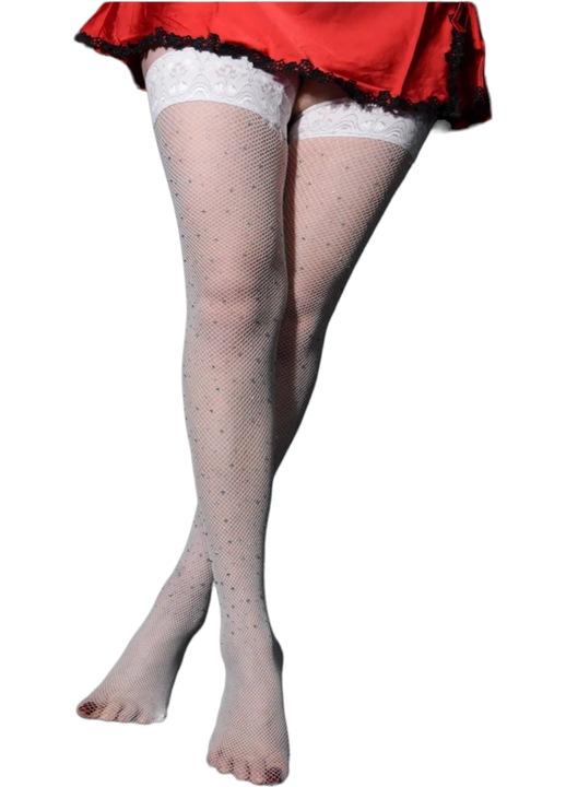 Dres dama tip ciorap trei sferturi, StarFashion, cu strasuri/pietre/cristele stralucitoare, cu banda adeziva si dantela, alb, OneSize