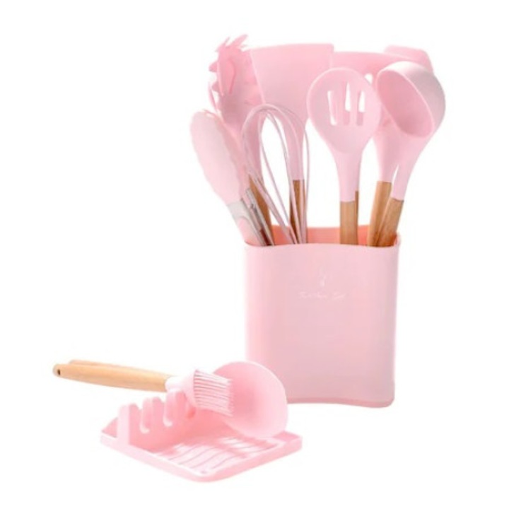 Set 13 ustensile de Gatit Roz, Anais Tailor, cu maner din Bambus