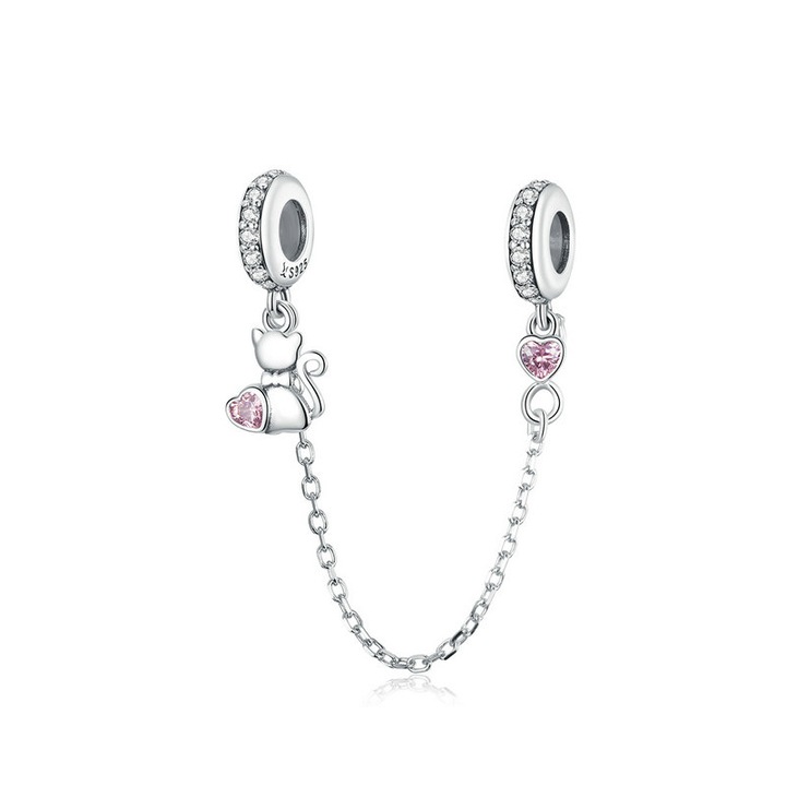 Lant de siguranta bratara cu pisicuta si inimioare roz, BeSpecial, PZT0136