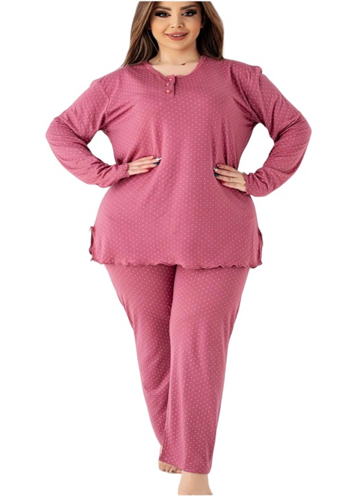 Pijama dama, StarFashion, 2 piese, bluza cu maneca lunga si pantaloni, Fucsia