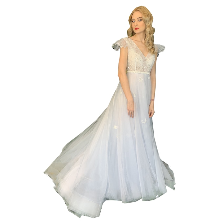 Rochie de mireasa din tul alb cu bleu deschis si broderie ATIKA - 36