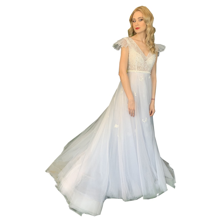 Rochie de mireasa din tul alb cu bleu deschis si broderie ATIKA - 38