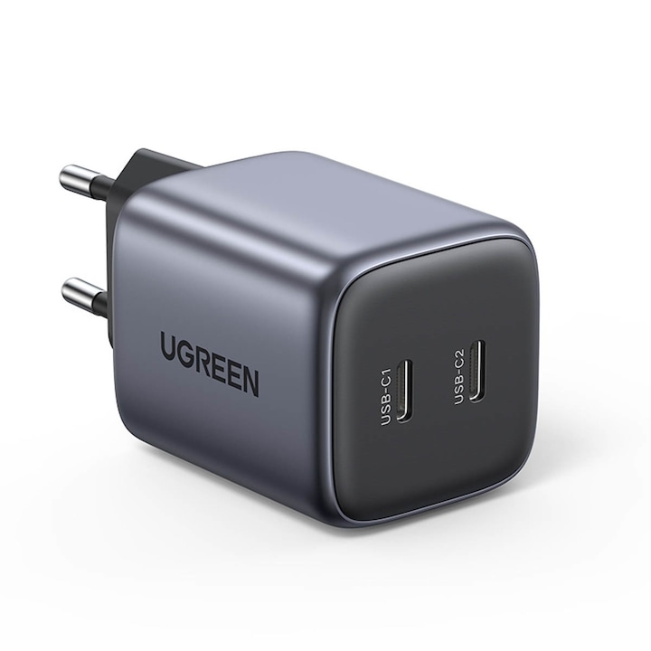Incarcator Retea GaN Ugreen CD294, 2 x USB-C PD 45W, Priza EU, Negru