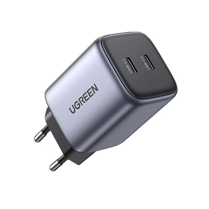 Мрежово зарядно устройство UGREEN CD294, 2 USB-C порта, GaN, PD3.0, QC4.0, 45 W, Сив