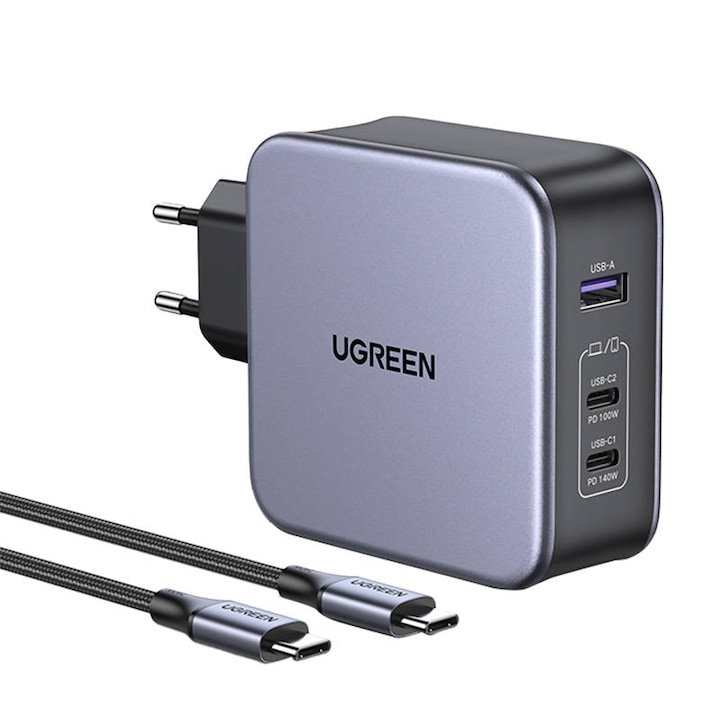 Мрежово зарядно UGREEN CD289, 2 USB-C порта, 1 USB-A порт, GaN, 140W, кабел 1,5 м, Сребристо