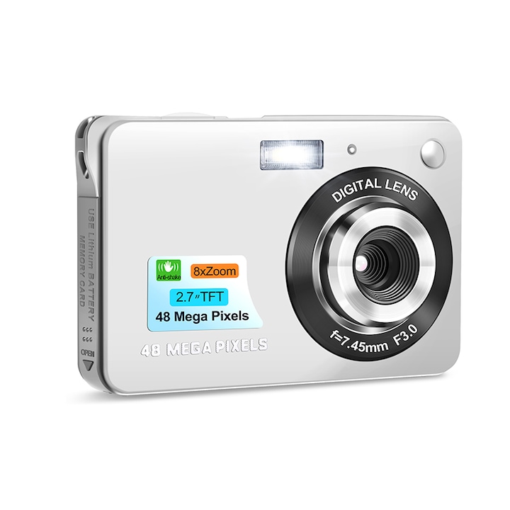 Aparat foto Digital NBD®, 2.7", 48MP, 8X Digital Zoom, 32GB SD Card, Argint