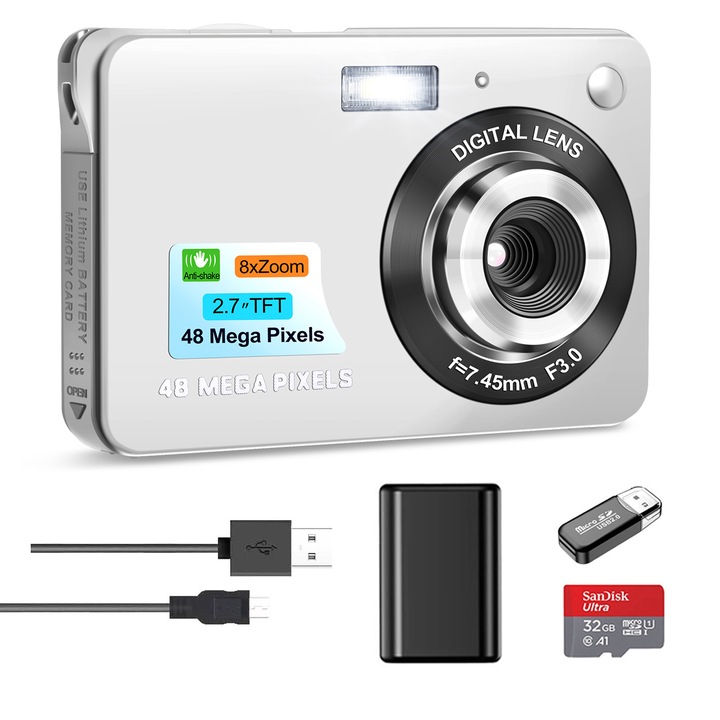 Цифров фотоапарат NBD®, 2.7", 48MP, 8X цифрово увеличение, 32GB SD карта, сребрист