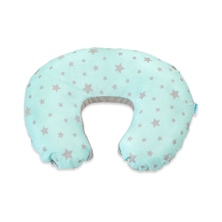 2 az 1-ben szoptatós párna levehető huzattal, szürke csillagokkal türkiz háttérrel
