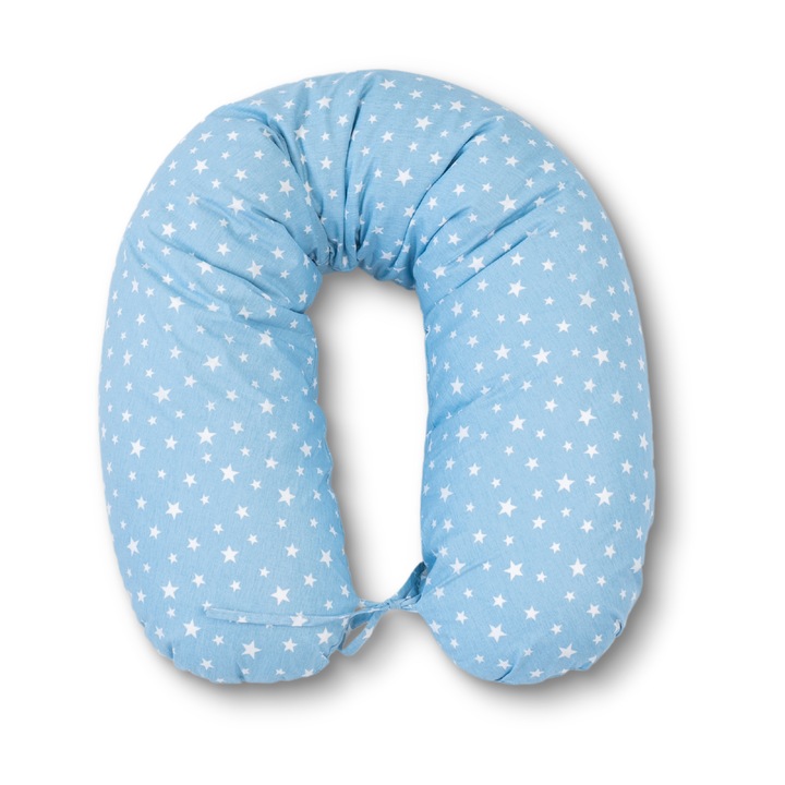 Perna pentru gravide tip cornulet 3 in 1 din bumbac, albastra cu stelute