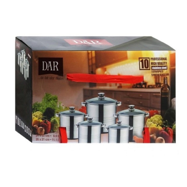 Set Inox Dar, Cratite cu Capac Sticla, 10 piese, dimensiuni 2.3/3.2/4.2/5.4/6.9L