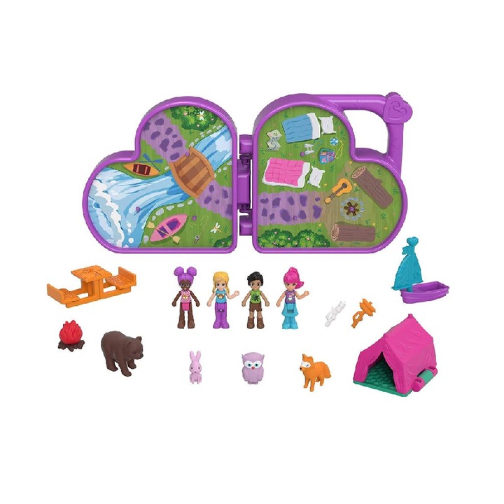 Set de joaca Polly Pocket, Camping cu 4 papusi si 10 accesorii, pliabila
