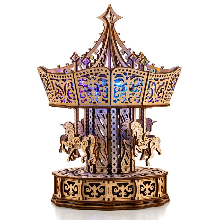 Elektromos puzzle 3D, Parisian Carousel, Wood Trick, 440 darab, Ajándék felnőtteknek és gyerekeknek, DIY, Építőipari készlet, Elegáns ajándék, Tökéletes ajándék nőknek, Belső fa dekoráció