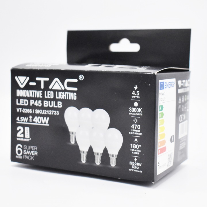 Комплект от 6 LED крушки 4.5W (40W), E14, P45, 470 lm, топла светлина (3000K), опал, V-TAC