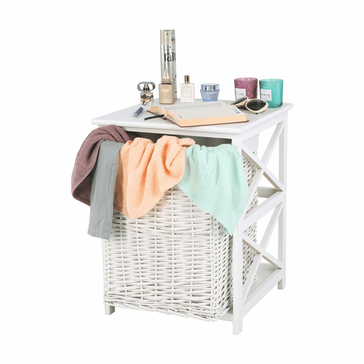 Cos de rufe din lemn si rachita alba Rafaello 46x46x60 cm