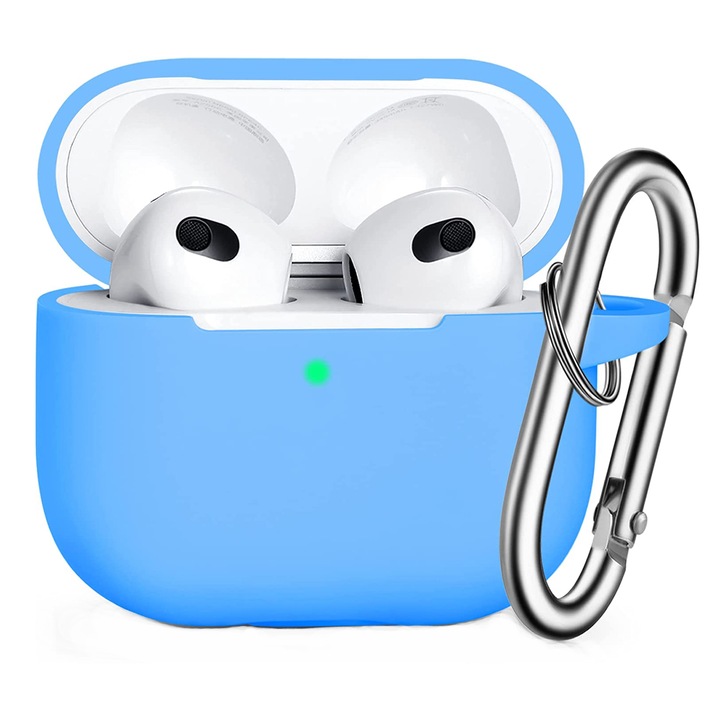 AirPods 3 PremiumCell kompatibilis szilikon védőburkolat, puha szilikonból, karabineres kulcstartóval, vezeték nélküli töltéssel, világoskék