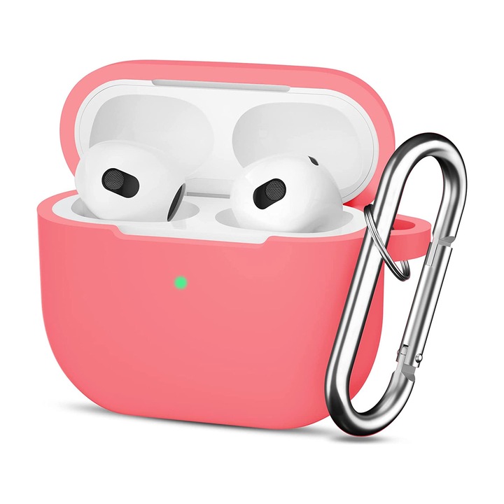 AirPods 3 PremiumCell-lel kompatibilis szilikon védőtok, puha szilikonból, karabineres kulcstartóval, vezeték nélküli töltés, rózsaszín