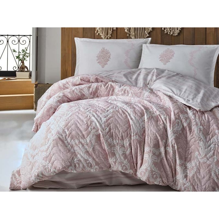Set Lenjerie si Cuvertura pentru 2 persoane, Clasy, Fiorita, Roz, Bumbac 100%, 4 piese