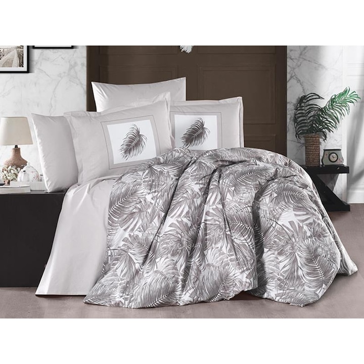 Lenjerie de pat cu 2 cearsafuri de pilota, Clasy, Puma, Maro, Bumbac 100%, 7 piese