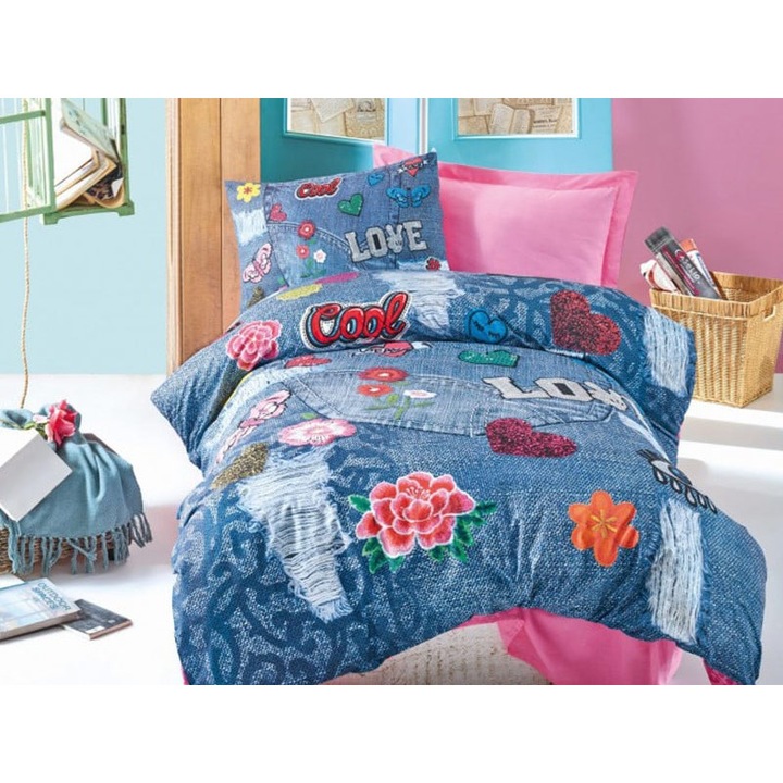 Lenjerie de pat pentru 1 persoana, Cottonbox, Kelly, Roz, Bumbac 100%, 3 piese