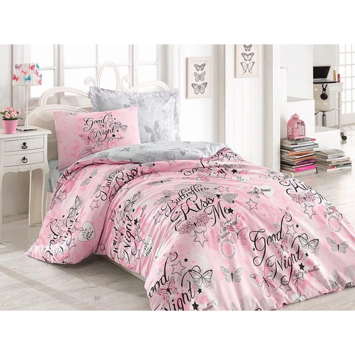 Lenjerie de pat pentru 1persoana, Cottonbox, Feeling, Roz, Bumbac 100%, 3 piese