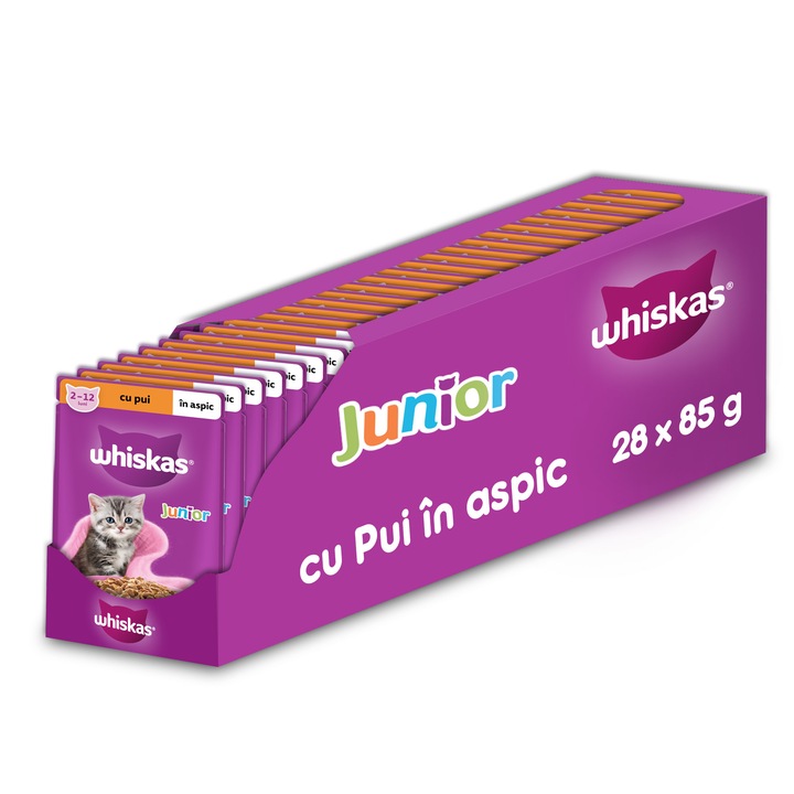 Hrana umeda pentru pisici Whiskas, junior, pui in aspic, 28 x 85 g