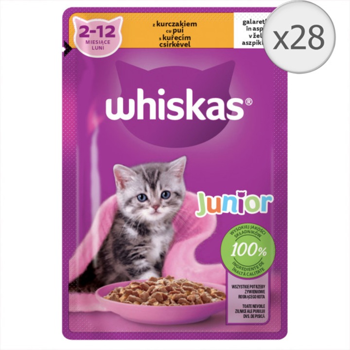 Hrana umeda pentru pisici Whiskas, junior, pui in aspic, 28 x 85 g