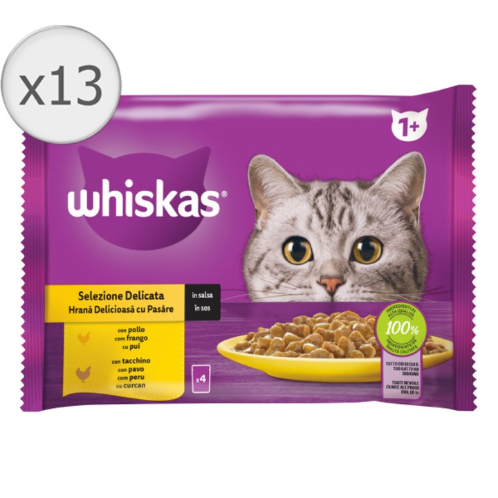Hrana umeda pentru pisici Whiskas, cu carne de pasare in sos, 13 x 4 x 85 g