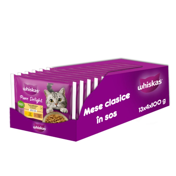 Hrana umeda pentru pisici Whiskas, Pure Delight, cu carne de pasare in aspic, 13 x 4 x 85 g