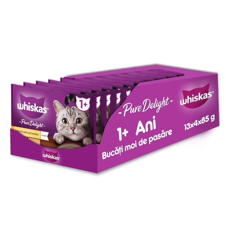 Hrana umeda pentru pisici Whiskas, Pure Delight, cu carne de pasare in aspic, 13 x 4 x 85 g