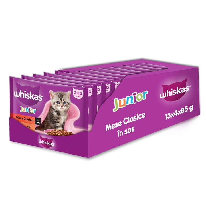 Hrana umeda pentru pisici Whiskas, Junior, selectii clasice de carne in sos, 13 x 4 x 85 g