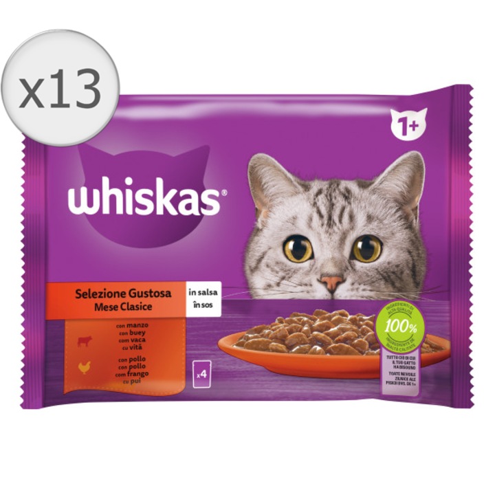 Hrana umeda pentru pisici Whiskas, selectii clasice in sos de carne, 13 x 4 x 85 g