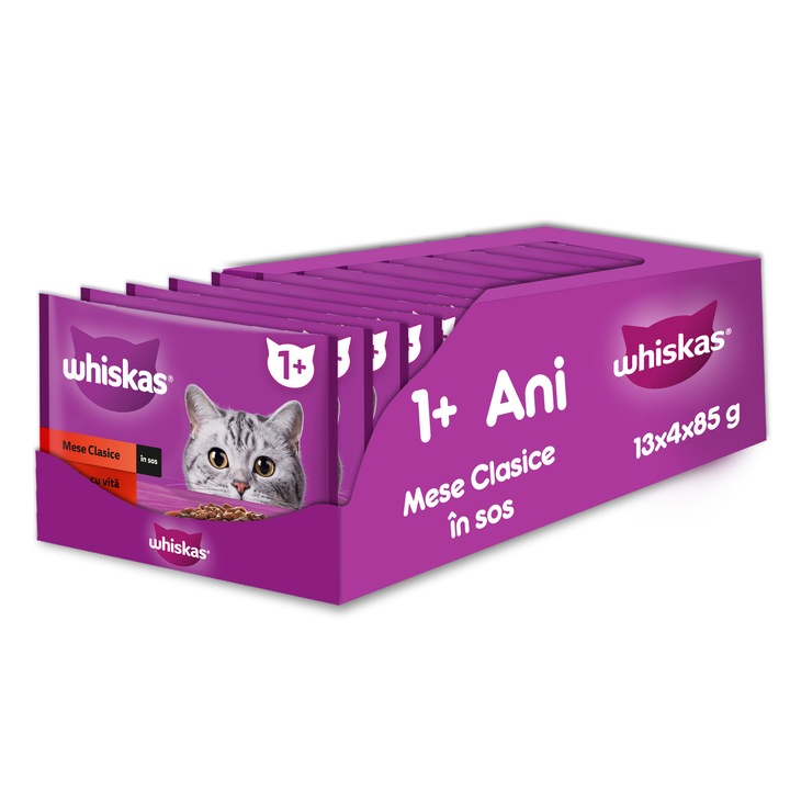 Hrana umeda pentru pisici Whiskas, selectii clasice in sos de carne, 13 x 4 x 85 g