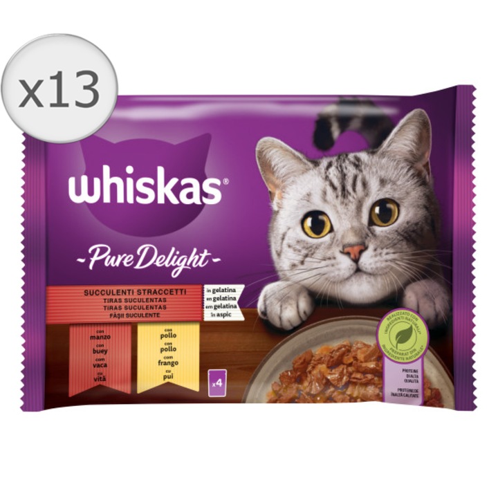Hrana umeda pentru pisici Whiskas, Pure Delight, selectii clasice in sos de carne, 13 x 4 x 85 g