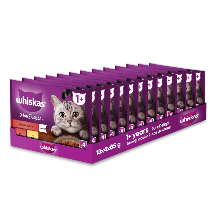 Hrana umeda pentru pisici Whiskas, Pure Delight, selectii clasice in sos de carne, 13 x 4 x 85 g