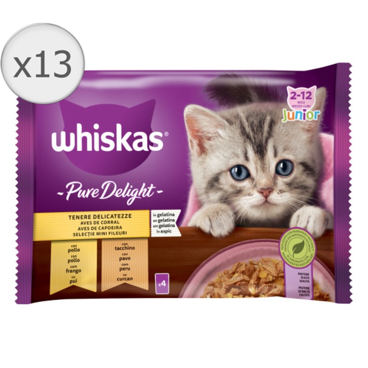Hrana umeda pentru pisici Whiskas, junior, cu carne de pasare in aspic, 13 x 4 x 85 g