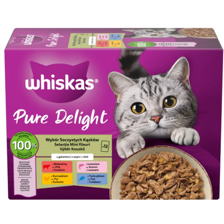 Hrana umeda pentru pisici Whiskas, Pure Delight, selectii de carne in aspic, Vita, Pui, Somon si Ton, 12 x 85 g
