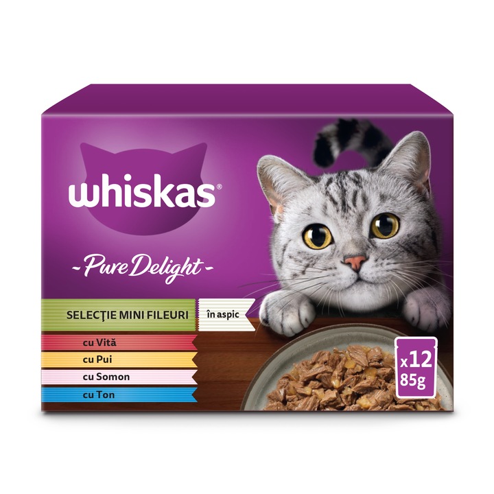 Hrana umeda pentru pisici Whiskas, Pure Delight, selectii de carne in aspic, Vita, Pui, Somon si Ton, 12 x 85 g