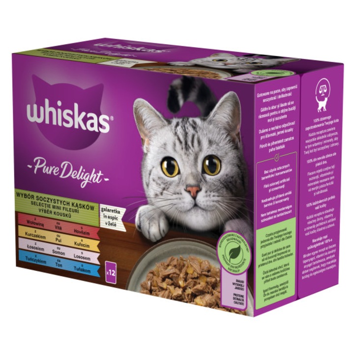 Hrana umeda pentru pisici Whiskas, Pure Delight, selectii de carne in aspic, Vita, Pui, Somon si Ton, 12 x 85 g