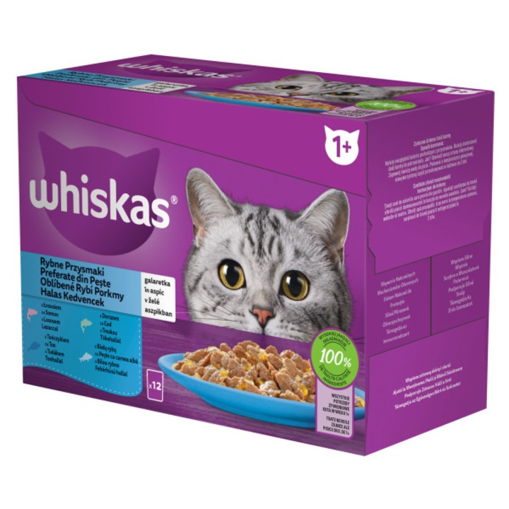 Hrana umeda pentru pisici Whiskas, selectii de Peste in aspic, Somon, Ton, Cod si Peste cu carne alba, 12 x 85 g