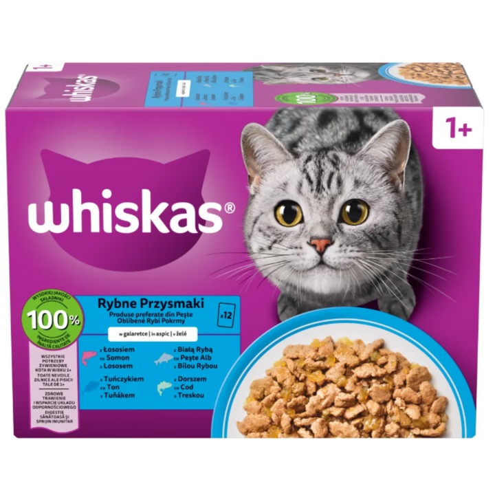 Hrana umeda pentru pisici Whiskas, selectii de Peste in aspic, Somon, Ton, Cod si Peste cu carne alba, 12 x 85 g